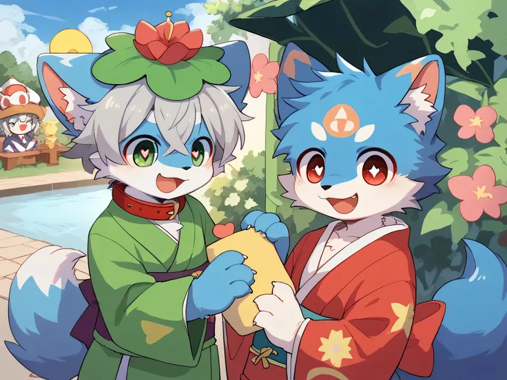  very detailedな, very detailed, blue fur gray hair,,male,骨を見てexcitedする, heart eyes,participate, red collar, green white and colored hat, cute face, fluffy fur like one,excitedする,Horny boy,garden,outside, kimono,Smiling face,Dropped ears, let's play with to...