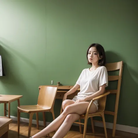  Tomboy ,  looking at the viewer ,   brown hair,  sitting on a chair, arte vintage,  Illustration ,  detailed,  in the living room, green wall