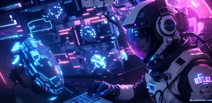 a close up of a person in a space suit with a laptop, astronaut cyberpunk electric, cyber space, style hybrid mix of beeple, highly detailed vfx scene, cyber aesthetic, 8k vfx render, 3 d render beeple, highly detailed vfx, depicted as a scifi scene, beepl...