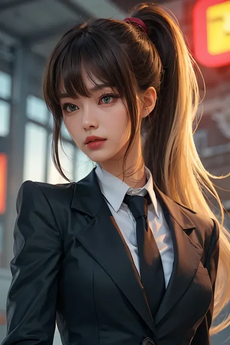 Philippines Woman. Tanned skin. Bicolored hair brown and blonde. Long ponytail. Bang. Locks. Suit. Yellow eyes. Long lashes. Smooth skin. Serious. Business woman. Semi realistic. 8K. HD. High quality. 