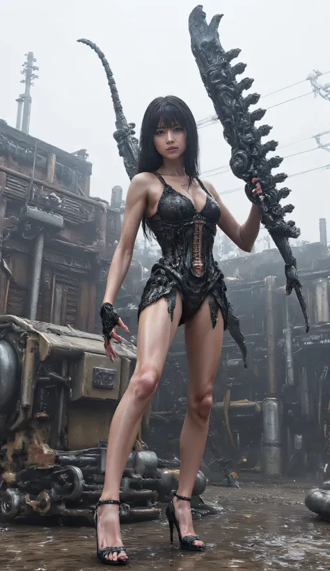 God Eater, a gorgeous Japanese girl in a deep V sheer lace mini dress, stockings, and gorgeous super high heels, standing in a dystopian urban setting, holding a huge, highly detailed mechanical chainsaw-like sword, It's filled with complex mechanical part...