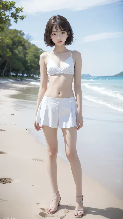  Beautiful sandy beach with a background 、 cute eyes,  Clear Eyes,  detailed eyes , carefree smile, pretty smile、 high detail,  textured skin,  very detailed from outside the window,  super high heels,  high resolution model , Short torso,  long legs 、 det...