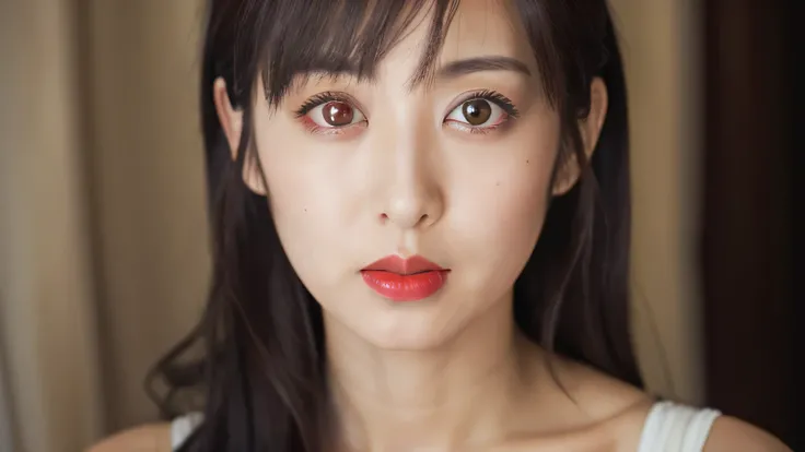  Masterpiece,  high quality,  photorealistic,  high resolution,  8k wallpaper,  with red eyes {x} professional photo, Super detailed face,  Fine grain ,   1 girl,   skinny Japanese woman , (( facing forward)), ((Only red lips)), Detailed clavicle, perfect ...