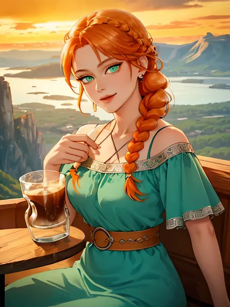 high quality, best detailing, Scandinavian woman, medium breast, metal jewelry, ((braid, orange hair)), ((highly detailed eyes)), ((green eyes)), wearing aqua dress, drinking coffee in the cafe on top of mountain, smirk