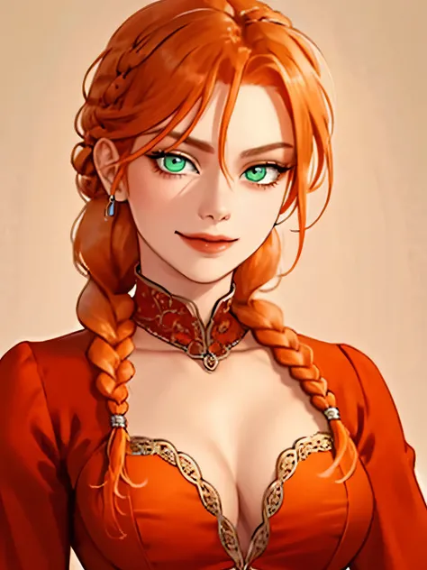 high quality, best detailing, Scandinavian woman, medium breast, metal jewelry, ((braid, orange hair)), ((highly detailed eyes)), ((green eyes)), wearing red suit, sexy posing, smirk