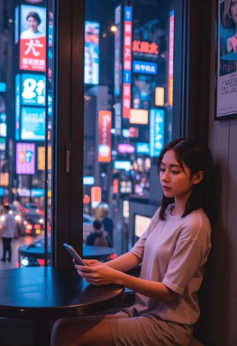 A young East Asian woman in her early 20s with almond-shaped eyes, sitting alone at a cozy café near a city window, where vibrant nightlife unfolds in neon lights. She’s dressed casually, her phone glowing in her hand as she swipes through a dating app, he...