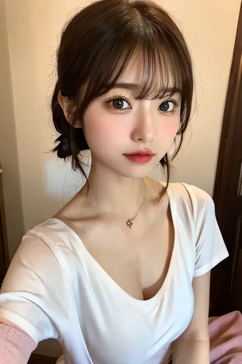 Photorealistic of beautiful Japanese woman, round face, cute adorable dainty, medium hair, large chest,taut shirt,upper body,in her room,selfie