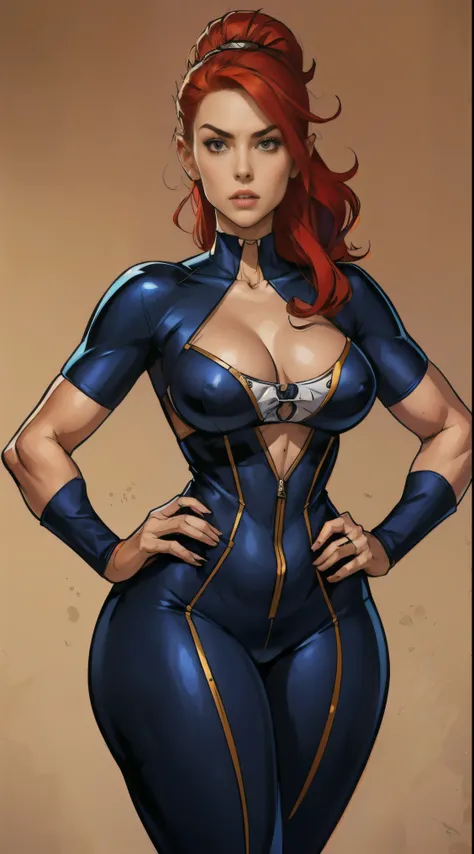 A busty slut ,  she's not naked but in a super tight biker jumpsuit,  her hair is beautiful and redheaded ,  Her eyes are big and expressive ,  her small mouth ,  her chin is thin and her jaw is square , your waist is thin, Her hips are wide ,  her shell i...