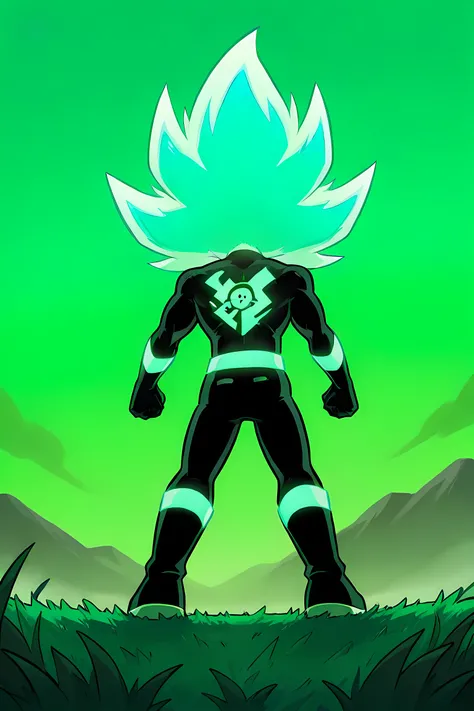 anime male wolf with pale green glowing fur in a superhero outfit, in a grasslands, green sky, green glowing neon energy powers, professionally drawn, danny phantom cartoon/ super sonic style