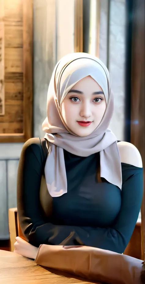 a beautiful young muslim girl in hijab,girl in hijab at a cafe bar,long hijab,trendy outfit,jeans,large breasts,(best quality,4k,8k,highres,masterpiece:1.2),ultra-detailed,(realistic,photorealistic,photo-realistic:1.37),digital painting,concept art,warm li...