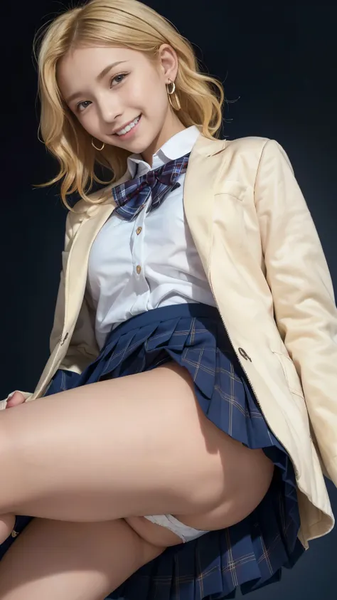  top quality, Masterpiece, super high resolution, high-definition RAW color photo, pro pics, natural skin texture, fine skin, hyperrealism, smiles,(blonde curly hair,Blonde gal,Earrings),Gigantic ass,(( high school girl uniform , white cutter shirt,navy bl...