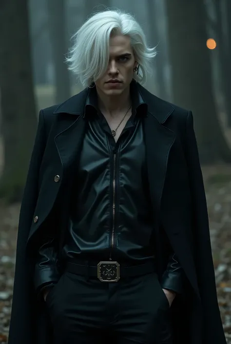 A white-haired vampire man with dark hair that fell disorderly over his forehead. His clothes were dark ,  composed of a leather shirt closed up to the neck with a long black blazer on top and equally black pants, both adorned with details that shone in th...