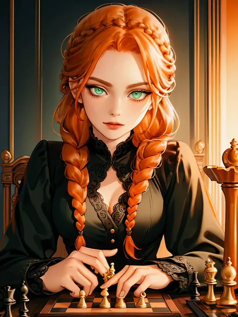 high quality, best detailing, Scandinavian woman, medium breast, metal jewelry, ((braid, orange hair)), ((highly detailed eyes)), ((green eyes)), wearing black suit, playing chess