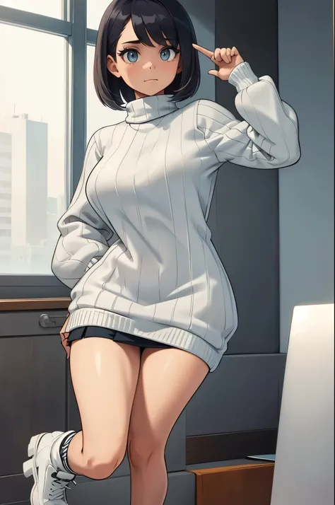  The character in the image wears a gray striped sweater White on the sleeves,  which gives a casual and modern look .  She is wearing a skirt white that fits the body ,  giving an interesting contrast with the sweater .  The long white socks , with ribbed...