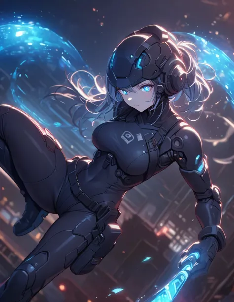 (Holographic glow effect), Top quality, (Ultra high resolution), One girl, solo, Cyborg female, ((Blue glowing eyes): 1.2), Mechanical eye, Glowing eyes, Detailed eyes, Futuristic glow eyes, Well-defined eyes, Highly detailed face, Cowboy shot, Spaceship, ...