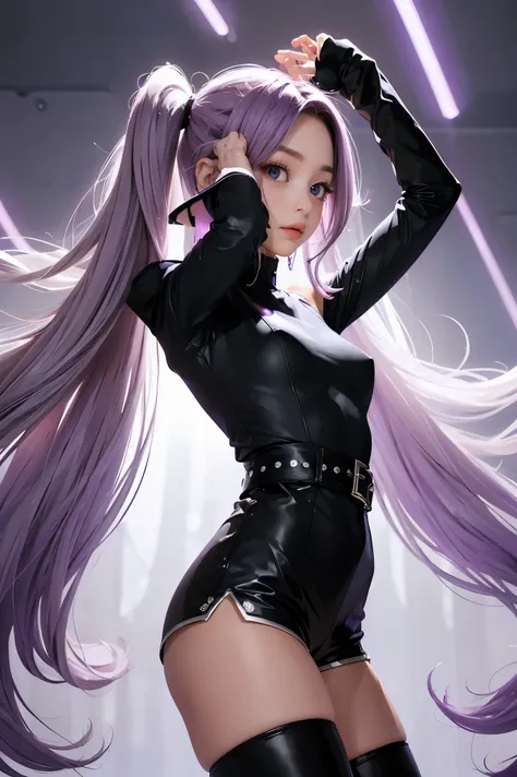 ,Best Quality, Ultra High Resolution, Cute, (KPOP Idol), (Long Twintail), (Light Purple Hair:1), ((Big Eyes)), Looking at you, BREAK ((upper body:1.3)), Front View,A character with long, flowing silver hair and a slender build, wearing a black and white ou...