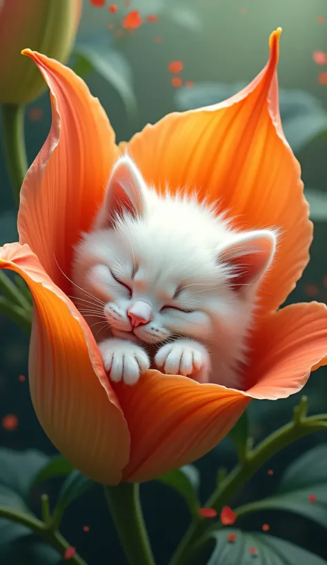 alcohol ink, impasto, a cute tiny sleeping white longhaired kitten is asleep in a lily flower detailed intricate details, Van Gogh Tim Burton Thomas Kinkade pastels