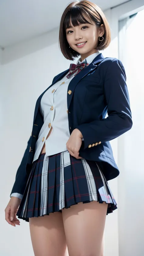  top quality, Masterpiece, super high resolution, high-definition RAW color photo, pro pics, natural skin texture, fine skin, hyperrealism, smiles,Earrings,(bowl cut hair,Gigantic ass),(( high school girl uniform , white cutter shirt,navy blazer jacket, Pl...