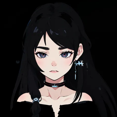 a close up of a woman with long black hair wearing a choke, 2 3 - year - old anime goth girl, anime style. 8k, with haunted eyes and dark hair, anime styled 3d, in an anime style, anime styled, anime stylized, ( ( deep black eyes ) ), detailed anime soft f...