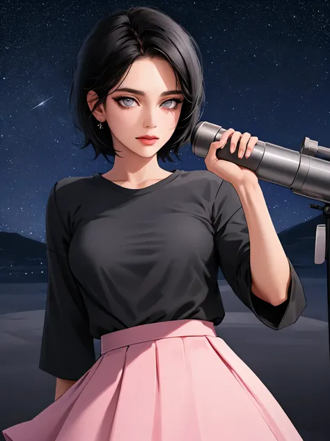 high quality, best detailing, american woman, small breast, jewelry, ((short black hair)), ((highly detailed eyes)), ((grey eyes)), wearing pink shirt and skirt, Looking at the stars through a telescope, night view