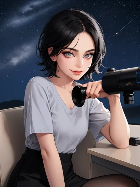 high quality, best detailing, american woman, small breast, jewelry, ((short black hair)), ((highly detailed eyes)), ((grey eyes)), wearing pink shirt and skirt, Looking at the stars through a telescope, night view, smirk