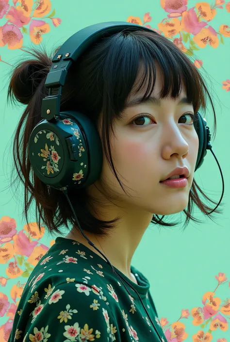    a gamer wearing the most funky and punk headphones、Crazy Beautiful Woman  、She's on the phone in Virtual World、 emerald、white、   surreal  collage、a contemporary artistic  collage、 collage artwork、   New Album Jacket   、 great work、digital  collage、( col...