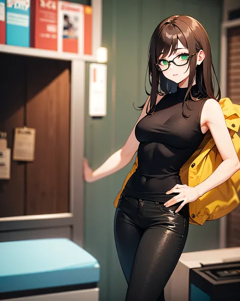 1 adult woman, half body, small breasts, green eyes, long hair, brown hair, best quality, hd, anime style, black clothes, short shirt, tight pants, gray glasses