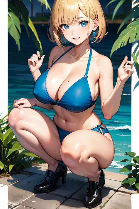 1 crouching adult woman, short blonde hair, blue eyes, big breasts, blue bikini, open smiling face, full body image