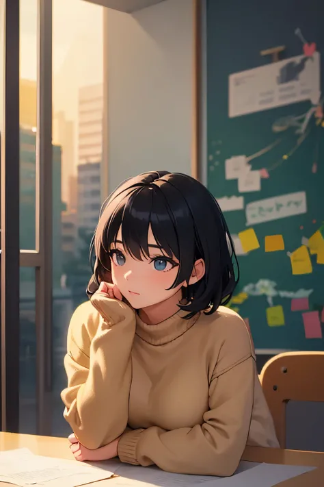  high quality)), ((Masterpiece)), (  Details), 1 girl,  black hair, short hair,Sweater,thinking