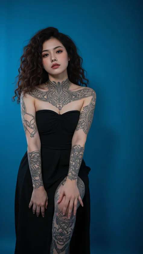 Several Celtic-language tattoos on a neck and arms and legs of a woman with curly hair and long dress in a blue studio