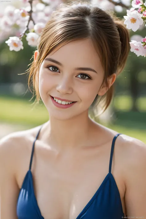 Masterpiece, Best quality, 8k, 18 ans, Photo brute, absurdes, Award-winning portrait, sourire, sourire, pure, french,spring, orchard in bloom, famous singer, cute, fit, healthy, lovely, posing, pony tail, swimsuit illustrated, sexy pose, happy smile