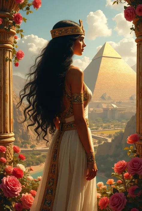 A hyperdetailed hyperrealistic beautiful renaissance painting of a beautiful Ancient egyptian queen eith black hair wearing an intricately detailed dress, standing in a garden surrounded by heavenly, magical, colored roses and flowers, overlooking the grea...