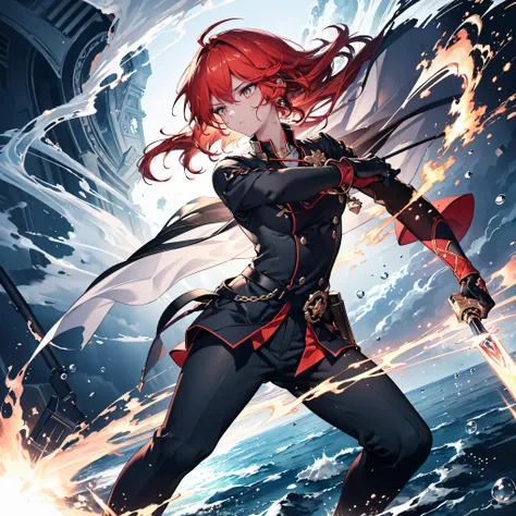 ((male, handsome male, sharp golden eyes, androgynous face, bright red hair)), ((golden eyes, mysterious appearance, muscular, wearing disheveled black shirt, black skinny pants, red dual swords, dual-handed sword stance, precise sword stance, swordsmanshi...