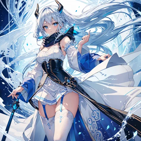 cute girl, (silver hair:1.2), (azure blue eyes:1.2), (dragon horns:1.2), masterpiece, best quality, ultra high-res, ((delicate hair, determined delicate eyes, cute girl, playful girl)), (braided long hair:1.2), busty, smug face, blue moon, loose long flowi...