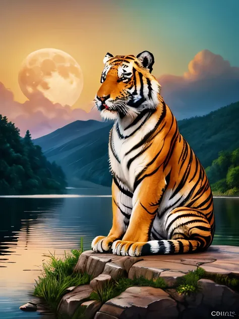 painting of a tiger sitting on the water with the moon in the background, ((tiger)), tiger, highly realistic photo, half tiger, anthropomorphic tiger, beautiful digital illustration, digital art animal photo, gazing at the water, a tiger, low detailed. dig...