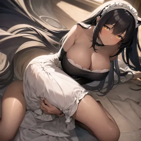 Anime-style depiction of a chocolate dark-skinned female with cat ears, dressed in a classic black and white maid outfit with delicate lace details. She has amber-colored eyes and neatly styled black hair with a small white headband. The scene is set insid...