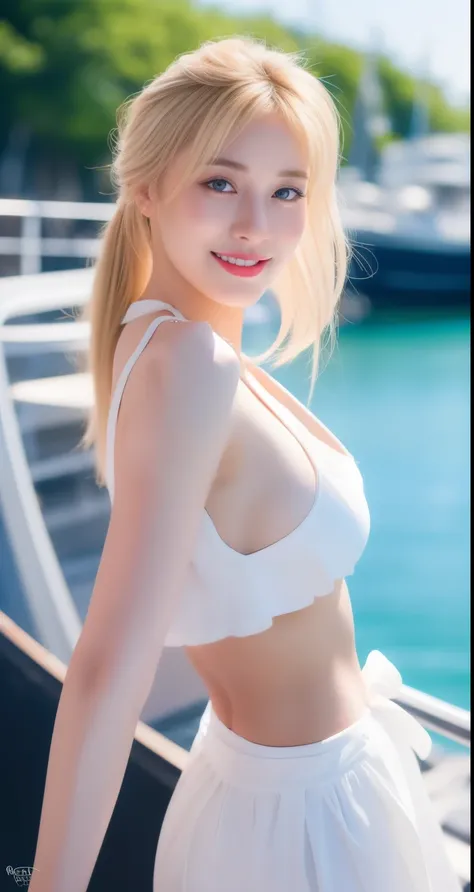 A cute blonde girl, cute smile, on a boat, boat and sea background, ponytail tied up hairstyle, wearing black belt, standing, portrait up to thighs, sexy thighs,(best quality,UHD,HDR,highres,masterpiece:1.2),ultra-detailed,(hyper realistic,photorealistic,p...