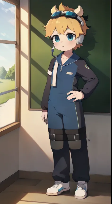 2D boy Shota ，One-piece hiking suit ， Wear headphones on your head， permanent，Goggles，trumpet，Cow ears，Sports shoes，classroom，Standing