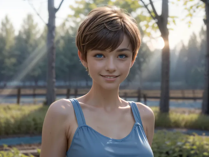 best quality, masterpiece, (realistic:1.2), 1 girl, (silhouette lighting:1.4), (smile:1.3), (full body, medium wide shot), (tomboy, light brown pixie cut hair with bangs:1.2), (slant eyes, blue eyes:1.5), detailed face, beautiful eyes, (wearing a summer dr...