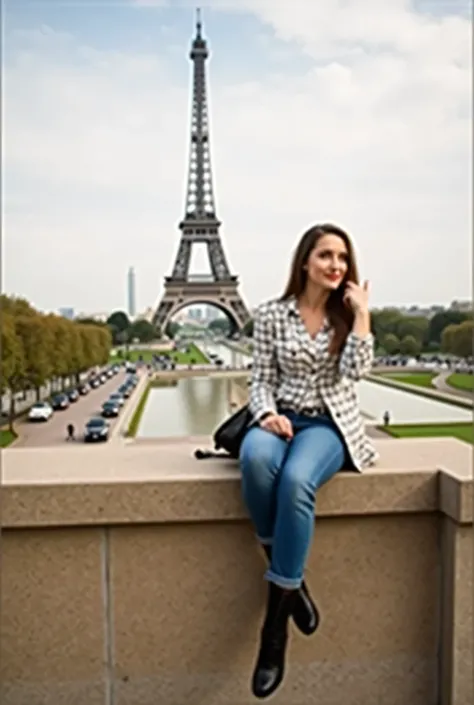 *" A young woman up to 22 years old with vibrant red hair and green eyes poses for a full-body photo in front of the Eiffel Tower. She is slightly removed from the camera ,  allowing her elegant silhouette and iconic monument to appear harmoniously in the ...