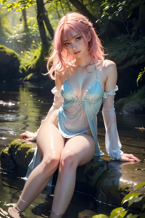 pink hair, (full body), wearing medieval long cotton nightie clothes, sitting on a rock, feet in the water, Drenched hair, The background is a forest, sunset, (masterpiece, best quality, award winning, highres), skinny, intricate and beautiful design, high...