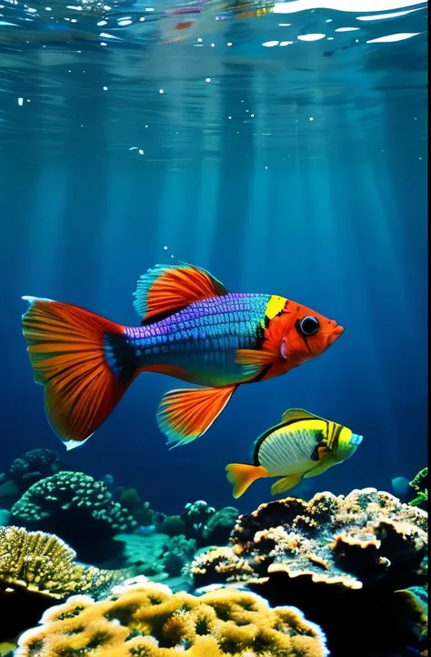 there is a fish that is swimming in the water, exotic fish, tropical fish, a beautiful detailed orixa, beta male, cobalt coloration, bright rainbow nimbus, silvergill adept, very colourful, dark rainbow nimbus, colorful fish, shining rainbow feathers, unus...