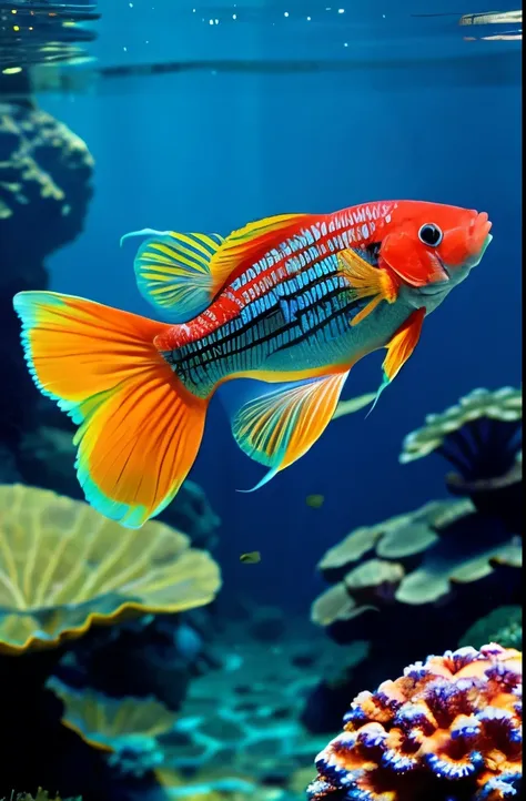 there is a fish that is swimming in the water, exotic fish, tropical fish, a beautiful detailed orixa, beta male, cobalt coloration, bright rainbow nimbus, silvergill adept, very colourful, dark rainbow nimbus, colorful fish, shining rainbow feathers, unus...