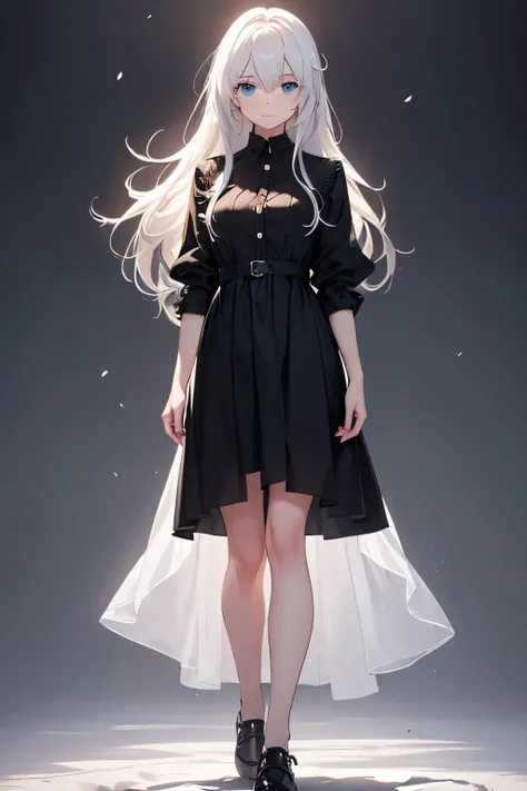 A 15-year-old girl with long, white hair as pure as snow, styled elegantly and flowing gently around her shoulders. Wearing a black frock and a black full shirt with white shoes and wearing a black court. Her bright blue eyes give her a serene and captivat...