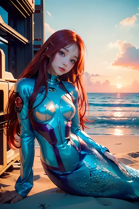 ((masterpiece, best quality, extremely detailed), volumetric lighting, ambient occlusion, colorful, glowing), 1girl, solo, young girl, (red hair), long hair, goddess, cyber suit, (mermaid design:1.3), outdoors, sunset, sky, clouds, beach, sea, , (cyberpunk...