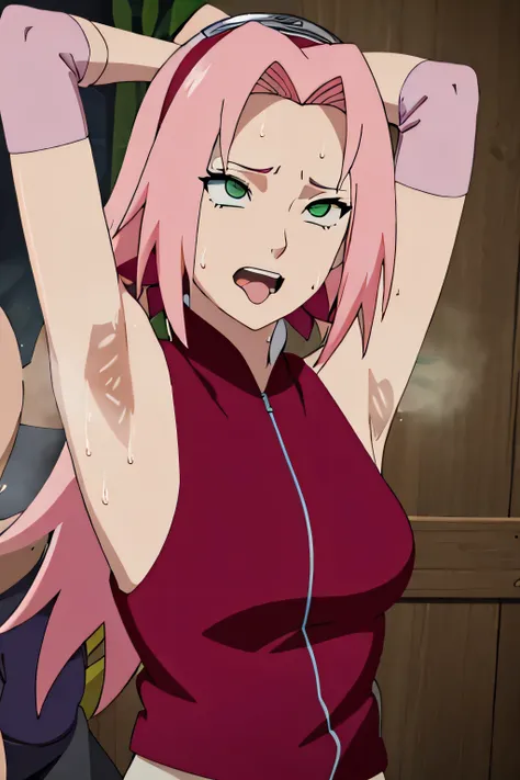 Sakura Haruno,human woman with fair skin.with green eyes and red clothing. Her hair is long and pink in color; She is beautiful. Fair skin.Tsundere face. Pink eye shading,mature appearance,armpits,sweat,sweaty,sweaty armpits,arms up,showing armpits,awesome...
