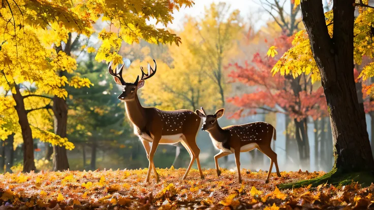 autumn leaves、Maple、deer、 HD、 Details、complicated