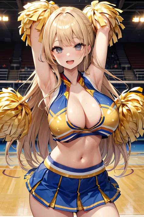 (cheerleader:1.5),(very long gold hair:1.5),Loose curly hair,Happy smile,30-year-old,gigantic breasts,open mouth,nude,nsfw,