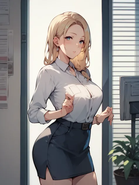  score_9,     score_8_    up the side,     score_7_    up the side,     score_6_    up the side,  anime line break，nsfw， uncensored， blond, Secretary girl with small saggy tits in a miniskirt， sexy，final，Prostitute，Porn， office building ，