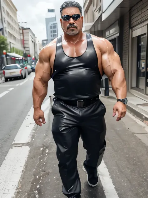 (Sweat:1.6, wet:1.2), (lots of Sweat flowing down), (sexy look:1.2), (:1.2), Asian daddy 50 year old, (handsome sexy fay face:1.2), (silver beard:1.2) very large and strong body, bulky body, beefy muscles, (bulging muscles:1.2), (very large pectoral muscle...